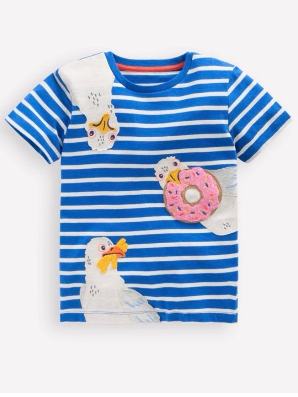 Mini Boden Blue & White Striped Tee with Seagull and Pink Donut Appliqué